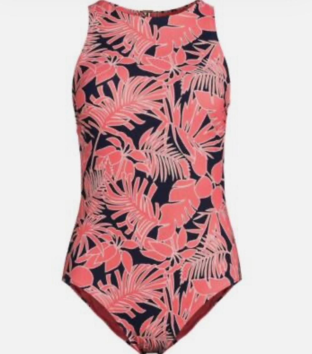 Lands' End Chlorine Resistant High Neck One-Piece Swimsuit Orange/Navy S NWOT